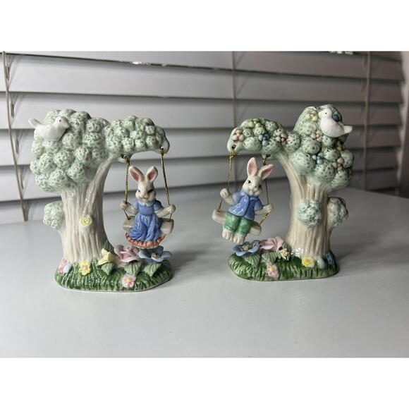 Vintage Set of 2 Bunnies on a Tree Swing K’s Collectibles Easter Holiday - Picture 1 of 14